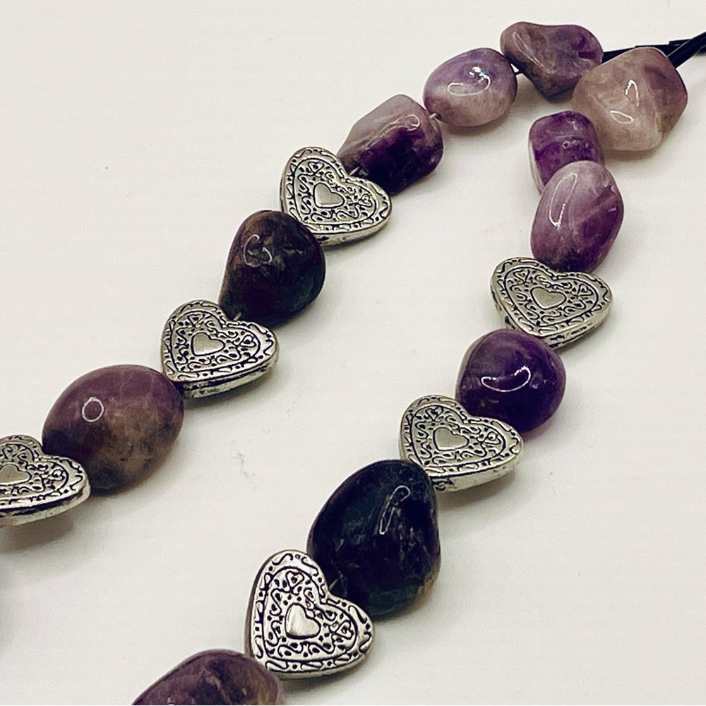 Amethyst Purple stones silver heart Necklace - Picture 4 of 6